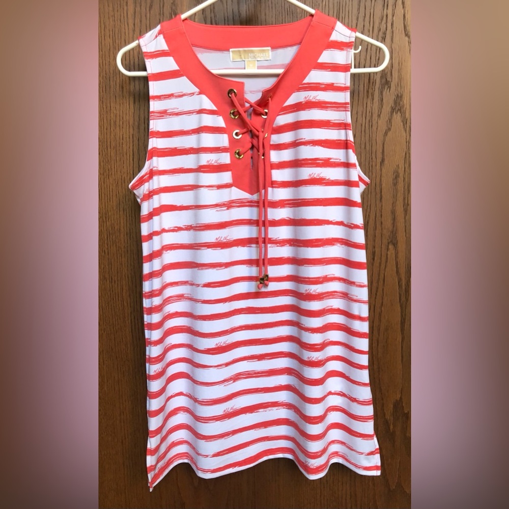 Michael Kors Women's Sleeveless Tank Top Medium Pink Salmon Stripes Stretchy